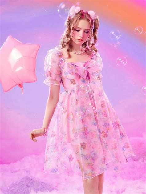 ROMWE X Care Bears Cartoon Print Shirred Puff Sleeve Bow Front Organza ...
