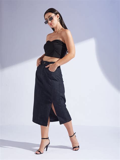 Women's Black Straight-Fit High-Rise Clean-Look Stretchable Denim Midi