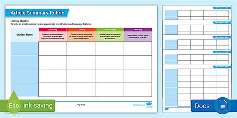 Article Summary Rubric – Assessment Tool (teacher made)