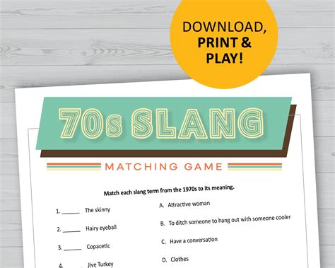 1970s Slang Game, Matching Printable, 70s Theme Party, Decades Trivia ...