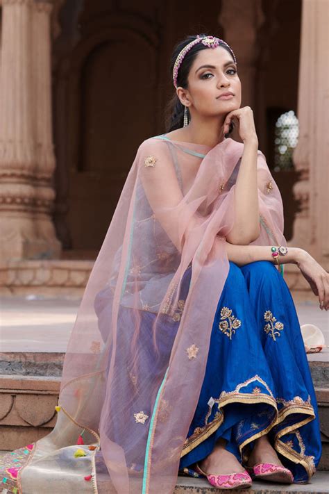 Rajiramniq - Zahra Moonlight Blue Check Gharara Set - Elahe