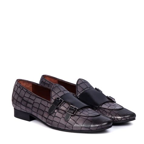 Grey Deep Cut Leather With Black Double Monk Buckle Strap Men Slip-Ons