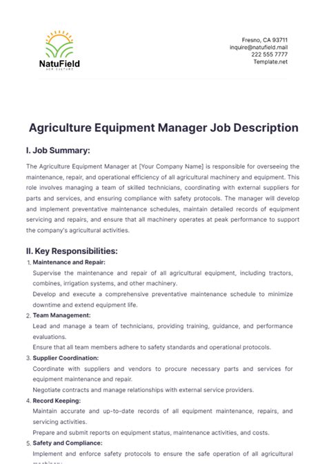 Free Agriculture Equipment Manager Job Description Template to Edit Online