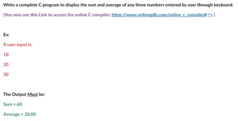 Image result for Write a C Program That Calculate Sum and Average of Three Numbers Using Function