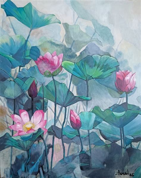 "Lotus Pond": Blue-Green Nature painting by Tamali Das | ArtZolo.com
