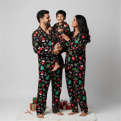 Holly Jolly Family Pajama Set – Black Christmas Cotton Night Suits for ...