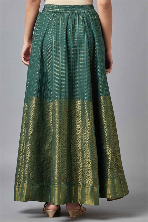 Buy Green Dobby Printed Flared Silk Skirt With Elasticated Waist Online ...