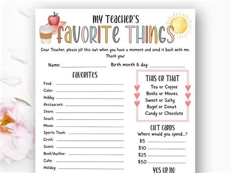 Teacher Favorite Things Questionnaire, Printable Teacher Survey ...