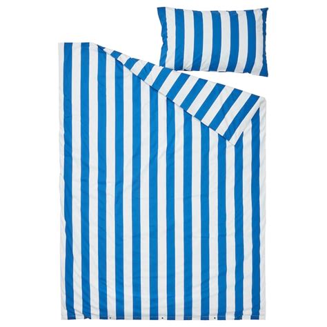 SLÅNHÖSTMAL duvet cover and pillowcase, blue/white/striped, 150x200 ...