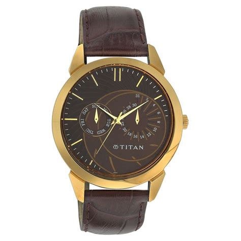 Titan Quartz Analog with Day and Date Brown Dial Leather Strap Watch f ...