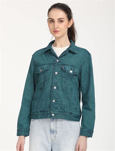 Women's Solid Teal Green Spread Collar Trucker Jacket – Levis India Store