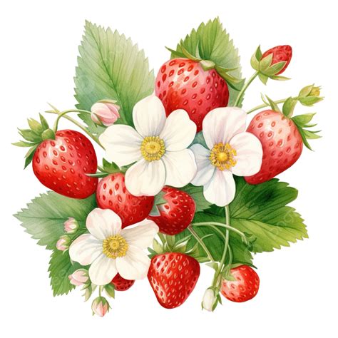Beautiful Watercolor Illustration Of Strawberry Leaves And Flowers ...
