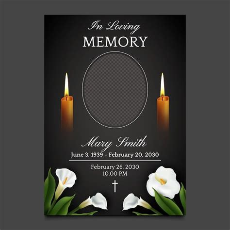 Obituary Template Design with Candles and Flowers