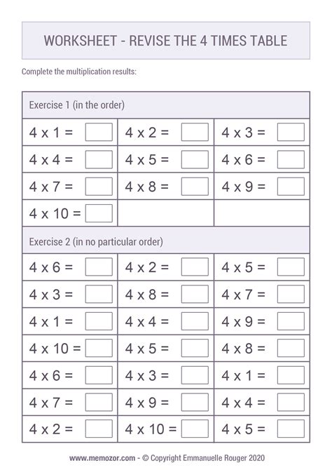 4 Times Table – Free Printable Paper