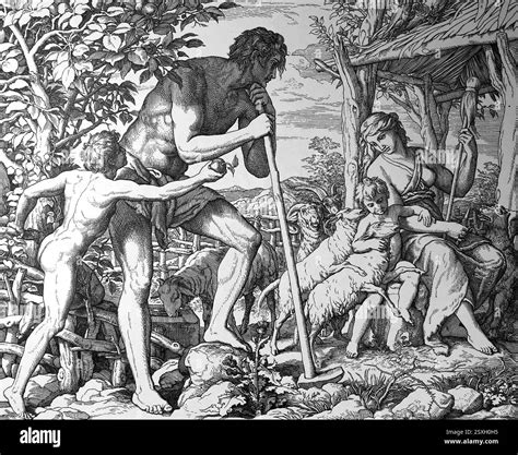 Old Testament. Adam and Eve afther the expulsion of Eden. Illustration ...