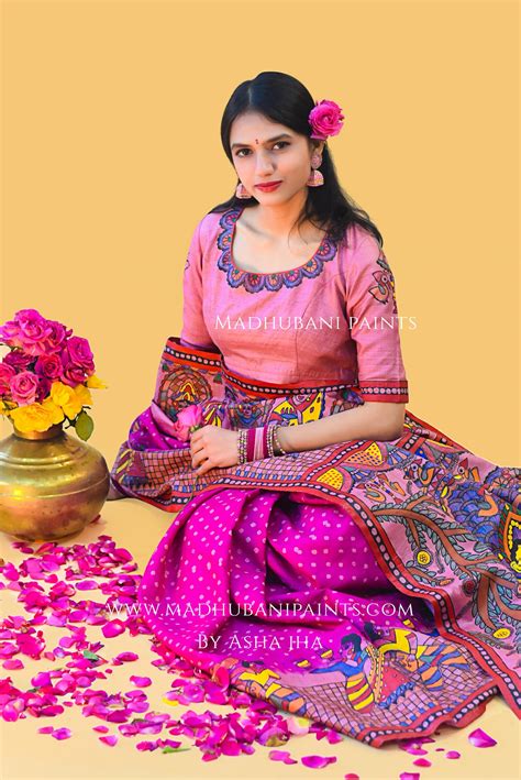 "GULABI DURGA" Handpainted Madhubani Bandhini Tussar Silk Saree Blouse ...