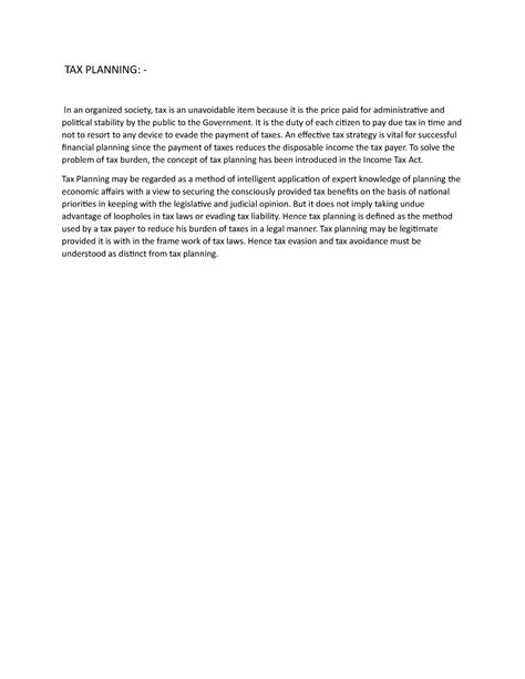 Tax planning - TAX PLANNING: - In an organized society, tax is an ...