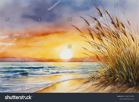 Watercolor Paintings Of Sunset Beaches Red Adirondack Chairs At