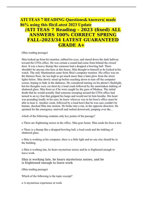 ATI TEAS 7 READING Questions&Answers( made 86% using this file)Latest ...