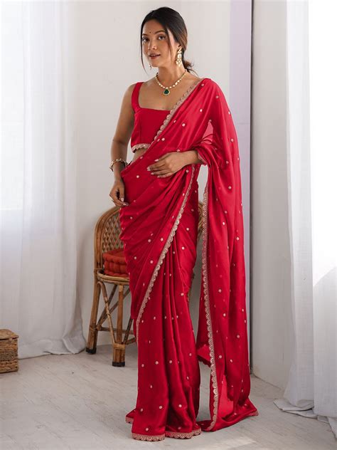 Royal Red Georgette Saree with Golden Zari Lace Border & Sequin Work ...