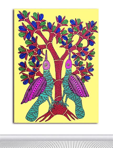 Tamatina Gond Canvas Paintings - Pretty Pink Birds - Tribal Painting ...