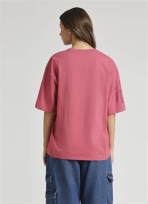 Pink Oversized Foil Print Drop Shoulder T-shirt | Pepe Jeans India
