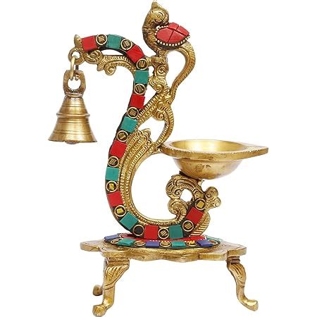 Artvarko 1 Feet Large Brass Peacock Design Multi Oil Wick Diya Lamp ...