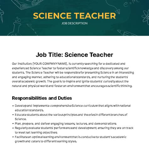 Free Science Teacher Job Description Template to Edit Online