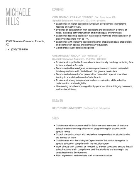 Special Education Assistant Resume Samples | Velvet Jobs