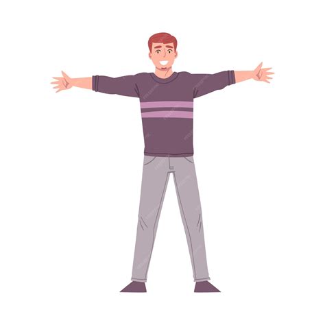 Smiling young man standing with his arms outstretched welcome ...