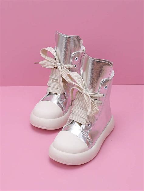 Children's Fashion Silver Lace-Up Glossy Flat Mid-Calf Casual Boots ...
