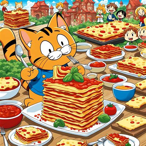 lasagna fairyworld .garfield eating all the lasagna .he is soo happy ...