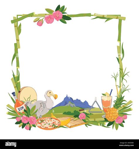 Frame. Landmarks of Mauritius island in flat style. Vector sugar cane, Mount Peter, endemic bird ...