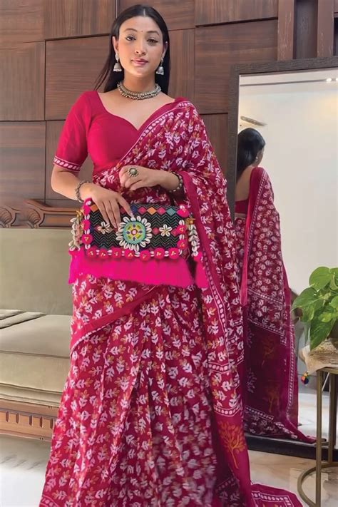 Marvellous 1-Minute Ready To Wear Dark Pink Cotton Saree – thelotusfab