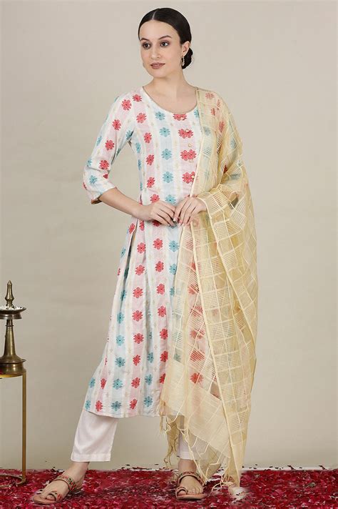 Buy Cream Yarn Dyed with Multi-coloured Abstract Print Flared Kurta ...