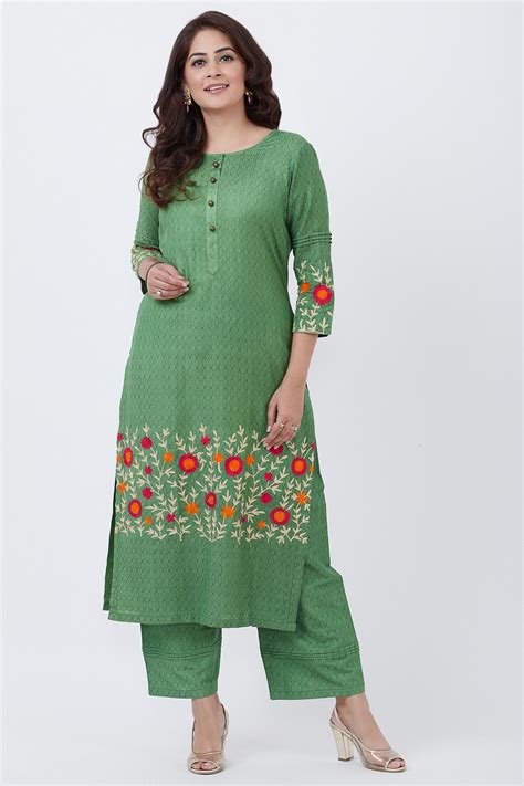 Green Self Silk Embroidered Kurti with Palazzo – anokherang