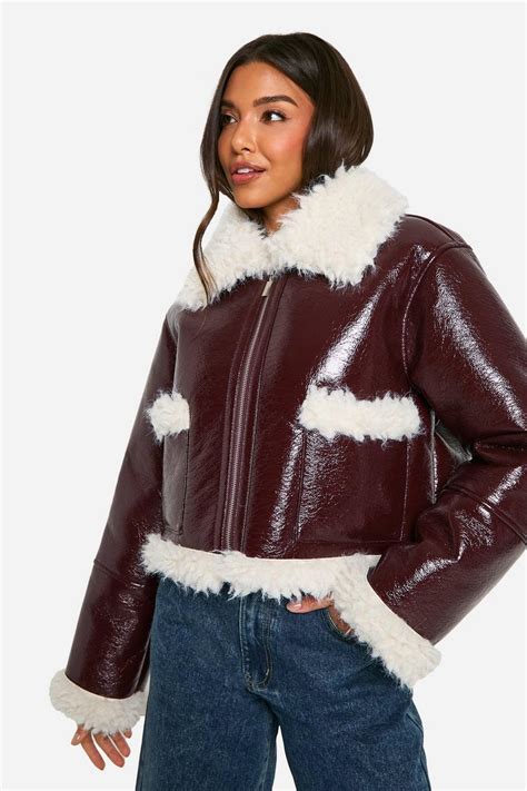 Vinyl Faux Fur Trim Jacket | boohoo USA