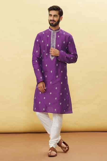 Buy Purple Silk Embroidery Floral Kurta And Churidar Set For Men by ...