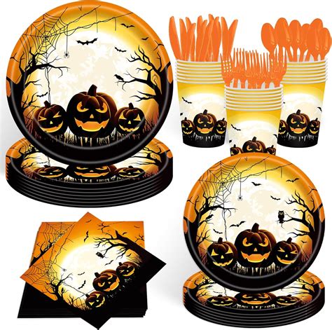 Amazon.com: 140Pcs Halloween Party Supplies Disposable Pumpkin Plates ...