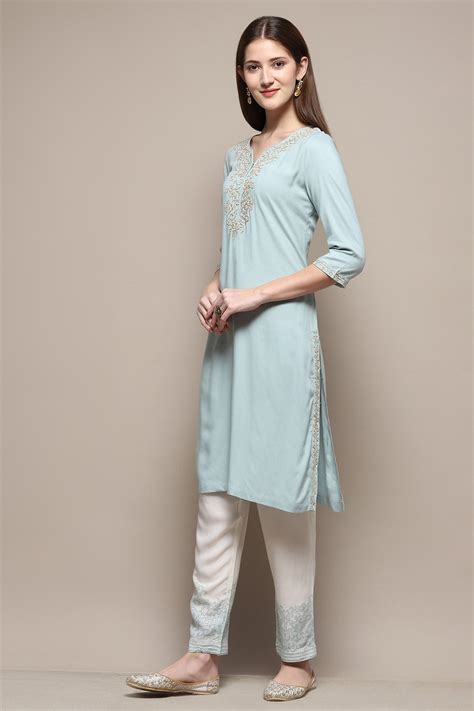 Turquoise Rayon Straight Kurta Pant Suit Set at Biba India