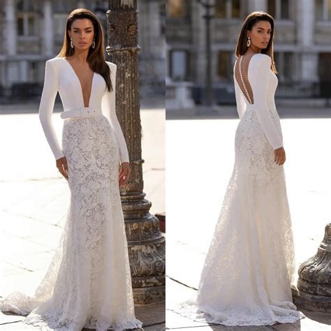2024 Lace Mermaid Wedding Dress: Deep V Neck, Long Sleeve, Sweep Train From Babydress126, $120. ...