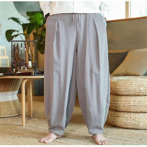 Casual Cotton Linen Baggy Pants Men Joggers Wide leg Harem Trousers ...