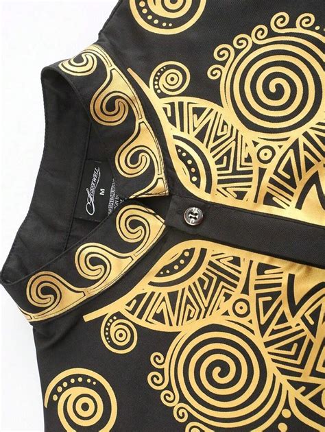 Men's Long Sleeve African Traditional Dashiki Style Golden Print Button ...