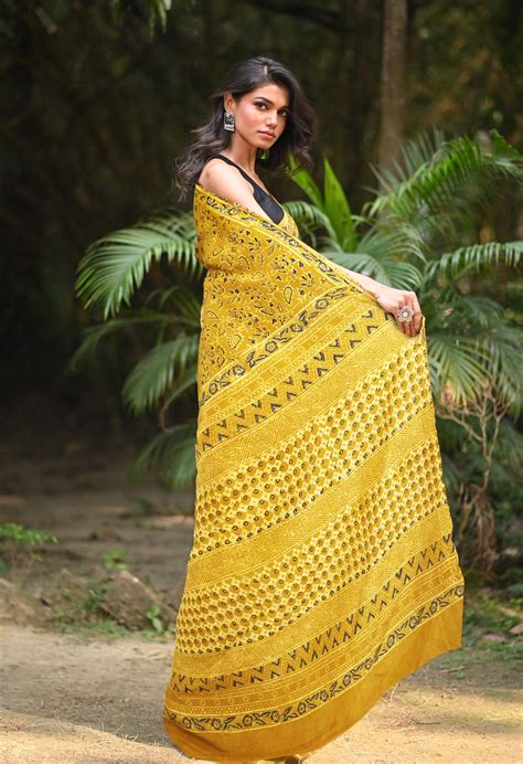 Buy Yellow Pure Ajrakh Printed Uppada Sico Saree-UNM82063 Online at ...