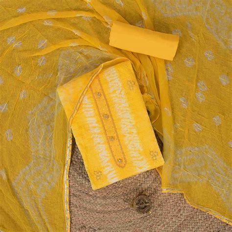 Saffron Yellow Shibori Cotton Unstitched Suit Set With Dupatta – Mayurika