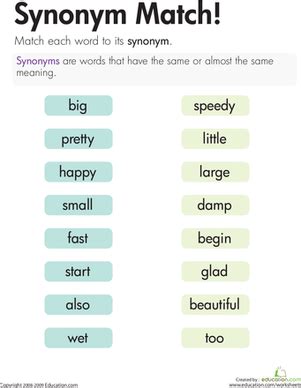 Synonym Match | Interactive Worksheet | Education.com