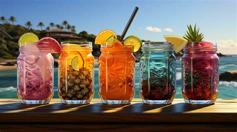 Delicious tropical sweet refreshing fresh fruit cocktails with straws ...