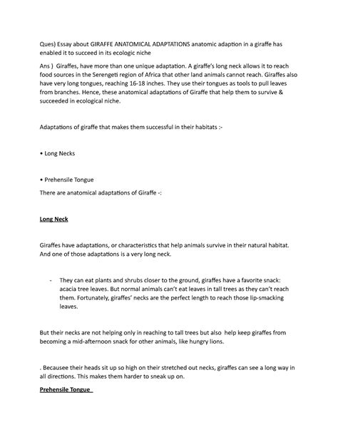 Giraffe niche - Ques) Essay about GIRAFFE ANATOMICAL ADAPTATIONS ...