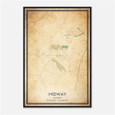 Vintage Midway Georgia Map Poster, Midway GA City Road Wall Art Print ...