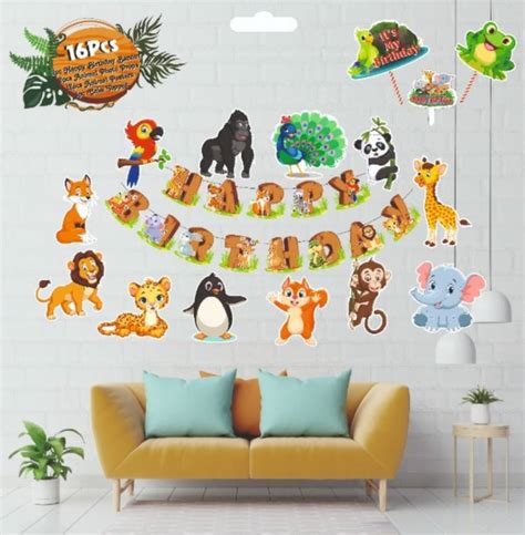 Atpata Funky Jungle Safari Animal Theme Happy Birthday Banner with ...